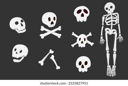 Skeleton vector set with full body skeleton, skulls, bones, crossbones, Jolly Roger pirate symbol. Hand drawn print for decorations, stickers, web