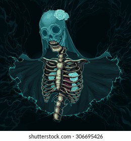 Skeleton with veil and white roses. Vector horror illustration