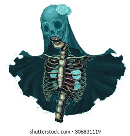 Skeleton with veil and white roses. Vector horror isolated character.