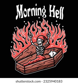 skeleton wakes up early from the coffin. Funny vector illustration