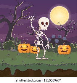 skeleton walking pumpkins lanterns halloween