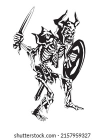 Skeleton warrior dressed in armor with a sword and shield on a white background. Graphical traced drawing.