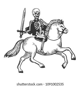 Skeleton warrior with sword ride horse engraving vector illustration. Scratch board style imitation. Black and white hand drawn image.