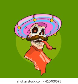 Skeleton Wear Mexican Sombrero Hat Skull Mustache Chilly Pepper Flat Vector Illustration