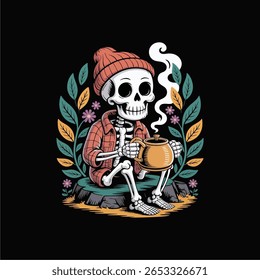 A skeleton wearing a beanie and flannel shirt sits on a rock, holding a steaming teapot.