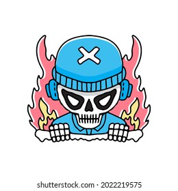 Skeleton wearing beanie hat in fire illustration. Vector graphics for t-shirt prints and other uses.