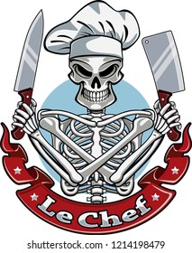 Skeleton Wearing Chef Hat, Holding Knife And Cleaver