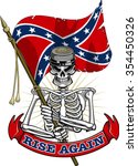 skeleton wearing confederate cap and flag, banner with text rise again