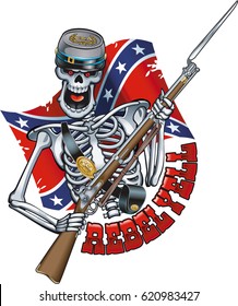 Skeleton Wearing Confederate Military Cap And Musket Gun, Rebel Flag And Text 