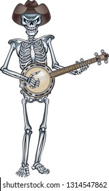 skeleton wearing cowboy hat playing banjo