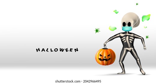 skeleton wearing face mask protecting from coronavirus or COVID-19 in halloween day with bring pumpkin surrounded by viruses on the air