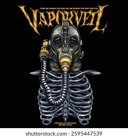 A skeleton wearing a gas mask, creating an interesting contrast between death and protection. The gas mask covers the skeleton's face and the skeleton's bones are clearly visible.
