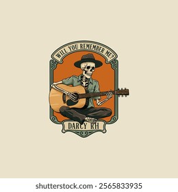 A skeleton wearing a hat is depicted playing an acoustic guitar in a vintage style emblem.