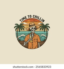 A skeleton wearing a hat and shirt enjoys a drink on a tropical beach at sunset.