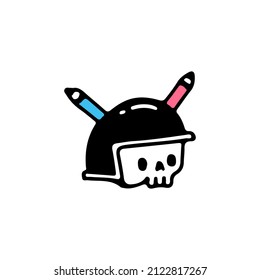 Skeleton wearing helmet with pencils horn, illustration for t-shirt, sticker, or apparel merchandise. With doodle, soft pop, and cartoon style.
