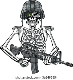 skeleton wearing military helmet, night vision goggles and holding assault rifle