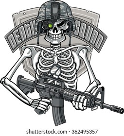 Skeleton Wearing Military Helmet, Night Vision Goggles And Holding Assault Rifle