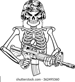 Skeleton Wearing Military Helmet, Night Vision Goggles And Holding Assault Rifle