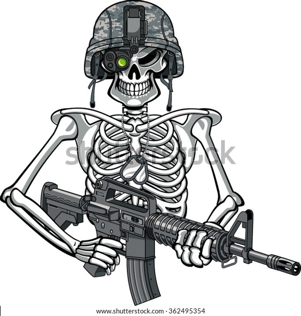 skeleton wearing military helmet, night vision\
goggles and holding assault\
rifle