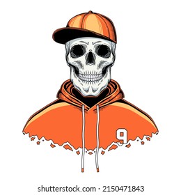 Skeleton wearing orange hoodie. Skeleton vector illustration. Gangster. Thief. Gang. Tug. Robber. Cartel. Mexico. Miami. Crime.