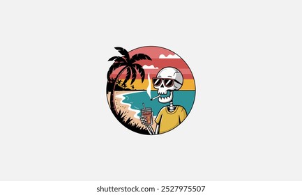 Skeleton wearing sunglasses, smoking, and enjoying a drink on the beach