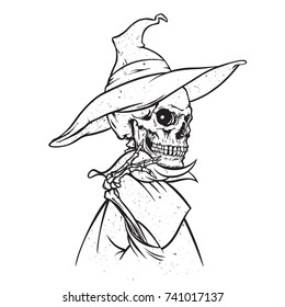 Skeleton Wearing a Witch Costume, Halloween Character Design, Vector Illustration