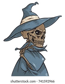 Skeleton Wearing a Witch Costume, Halloween Character Design, Vector Illustration