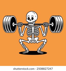 Skeleton Weightlifting with Barbell on Orange Background