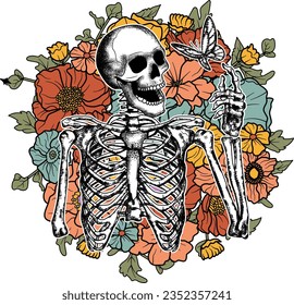 Flor silvestre de esqueleto, esqueleto divertido, flores de cráneo retro, diseño de camisetas góticas de Halloween.