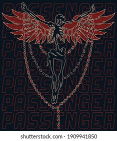 Skeleton with wing vector design print for tee and poster