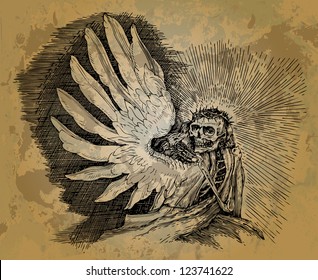 Skeleton with wings in the style of engraving