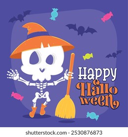 Skeleton witch with broom and Happy Halloween text, Vector