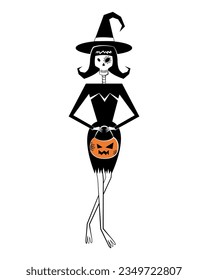 Skeleton Hexe Charakter in Hexenhut und schwarzes Kleid mit Kürbiskorb in Händen. Halloween-Party-Skelettfigur im Retro-Stil der 60er-70er Jahre.