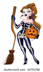 skeleton witch girl Halloween Character with a pumpkin and broom