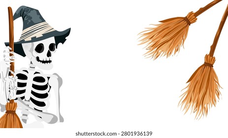 Skeleton with witch hat holding broomstick and two flying brooms on transparency background, spooky Halloween theme with playful and eerie vibe