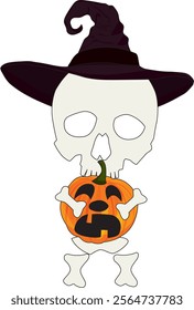 Skeleton In Witch Hat Holding Halloween Pumpkin Vector