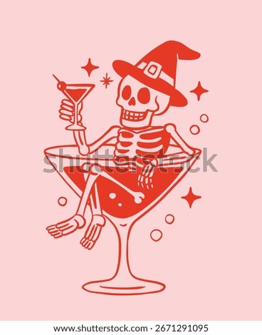 Skeleton with witch hat in martini cocktail glass. Halloween doodle.
