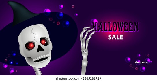 Skeleton in a witch hat on dark background with highlights. halloween banner ad template for halloween
