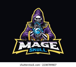 Skeleton witch mascot logo design. Skull wizard vector illustration. Logo illustration for mascot or symbol and identity, emblem sports or e-sports gaming team