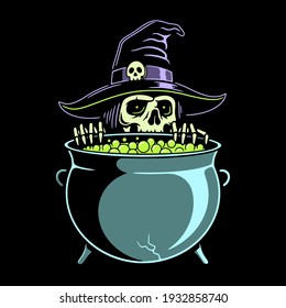 SKELETON WITCH PREPARING A POTION IN A CAULDRON COLOR BLACK BACKGROUND