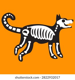 Skeleton wolf icon with Halloween spooky canine for horror decoration, haunted party invitation, sticker, apparel, seasonal branding, digital design, and printable projects. Isolated on orange backgro