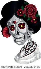 The skeleton woman with hairstyle and flowers in hair in halloween style