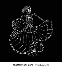 Esqueleto de una mujer danza mexicana, dibujo a mano de un perfil blanco sobre un fondo negro, colorido. Ilustración del día de los muertos. Fiesta de Halloween, Día de los Muertos 
