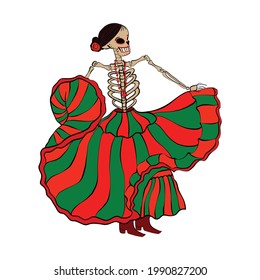 Skeleton of a woman in a mexican dress dancing, day of the dead vector illustration. Traditional holiday Dia de los Muertos 