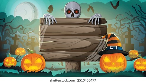 Skeleton with Wooden Stand and Jack-o`-lanterns in Graveyard at All Hallows Eve - Halloween Illustration with Copyspace 