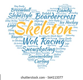 Skeleton. Word cloud, heart, italic font, white background. Love of sport.