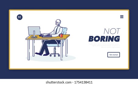 Skeleton workaholic business man at workplace. Landing page design with burnout office worker. Emotional death for work. Professional exhaustion concept. Linear vector illustration