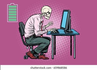 Skeleton Worker Working On Computer. Energy For Work. Pop Art Retro Vector Illustration