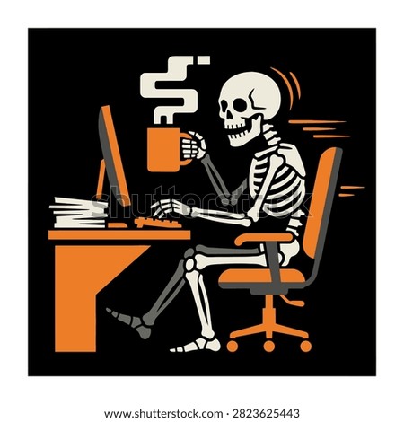 A skeleton works at a computer while drinking hot coffee