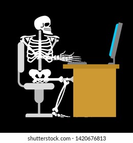 Skeleton Works on computer. Dead man and PC. Laptop Vector illustration
